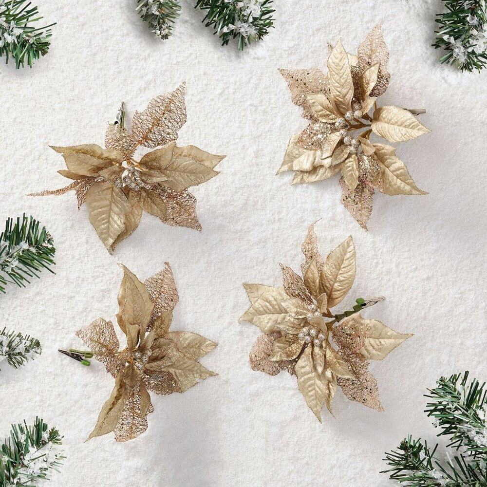 Set of 4 LoveShackFancy Poinsettia Clips Christmas Tree Gold Ornaments New NIB